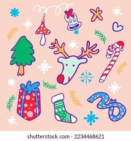 christmas set of cartoon elements in flat style vector