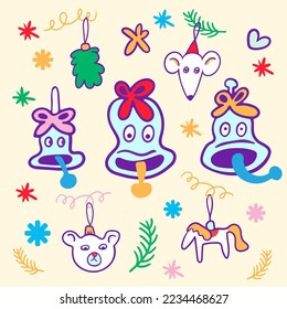 christmas set of cartoon elements in flat style vector
