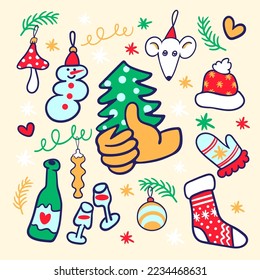 christmas set of cartoon elements in flat style vector