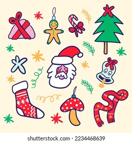 christmas set of cartoon elements in flat style vector