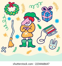 christmas set of cartoon elements in flat style vector