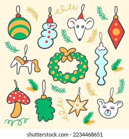 christmas set of cartoon elements in flat style vector