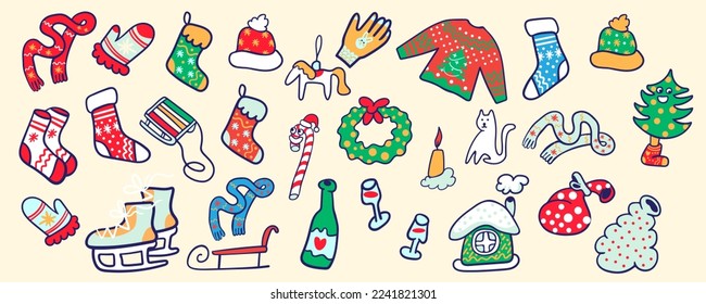 christmas set of cartoon elements in flat style vector