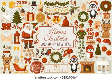 Elementos de dibujos animados de Navidad. Papá Noel, elfo, reno, regalos, coronas, bolas y otros símbolos navideños. Iconos para Navidad y decoración de año nuevo. Estilo retro. Ilustración vectorial.