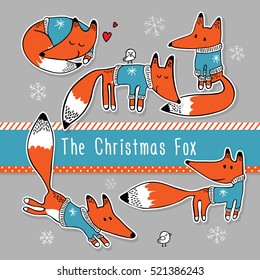 Christmas set. Cartoon Foxes in a pullover in various poses with birds. Vector illustration.