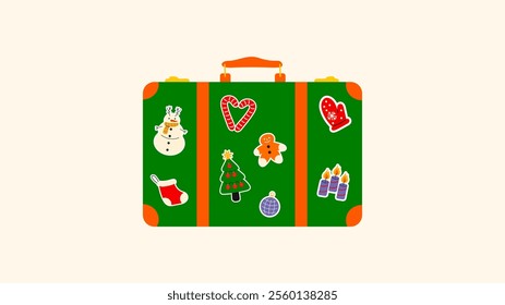 Christmas Set cartoon luggage stickers, travel bag, suitcase with stickers for travel. Packing for vacation. Various labels, christmas concept. Vector doodle groovy drawing in retro style