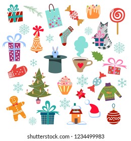 Christmas set with cartoon New Year characters. Collection of xmas elements for greeting card design .