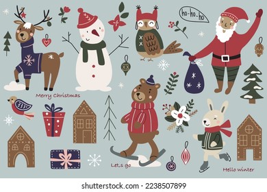 Christmas set with cartoon New Year characters. Collection of Christmas elements for greeting cards design. Forest animals, mottos, winter holiday items. Vector illustration