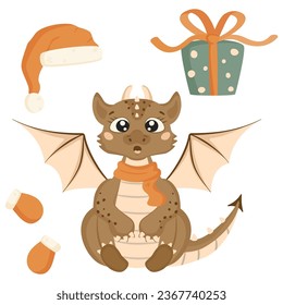 Christmas set in cartoon style. Cute surprised dragon in a warm scarf, Santa Claus hat, mittens, gift box. A little dinosaur. Isolated on a white background.