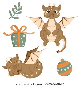 Christmas set in cartoon style. Cute dragons, a gift box, a Christmas ball, a twig with leaves. Little dinosaurs. Isolated on a white background.