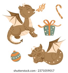 Christmas set in cartoon style. Cute dragons, gift box, Christmas ball, caramel lollipop. Little dinosaurs. Isolated on a white background.