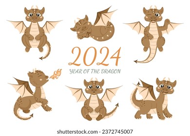 Christmas set in cartoon style. Cute dragons in different poses. Little dinosaurs. Isolated on a white background. 2024 is the year of the dragon.