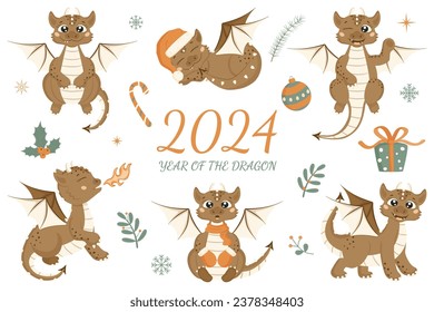 Christmas set in cartoon style. Cute dragons in different poses. Little dinosaurs. Isolated on a white background. 2024 is the year of the dragon.