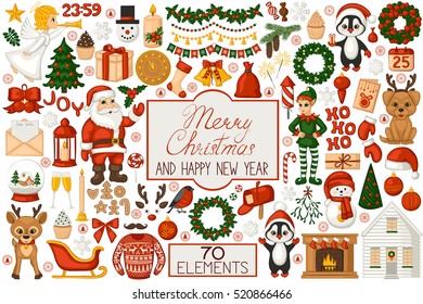 Christmas set in cartoon style. Cute Santa, elf, penguin, angel and reindeer. Christmas tree, fireplace, bells, balls, candles, gifts and other Christmas symbols. Isolated icons on white background.