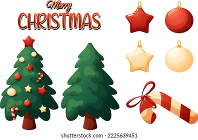 Christmas set in cartoon style of Christmas trees, lettering Merry Christmas and toys
