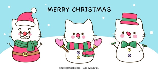 Christmas set of Cat snow cartoon snowman (happy new year kids) animal kawaii kitten vector for fairy tale book. Perfect make a wish for winter festival, celebration party children, princess party.