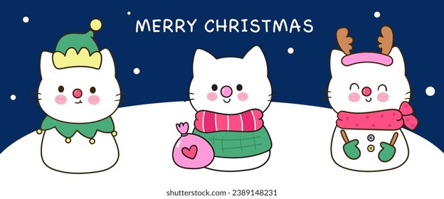 Christmas set of Cat snow cartoon snowman gift (happy new year kids) animal kawaii kitten vector for fairy tale book. Perfect make a wish for winter festival, celebration party children, princess.