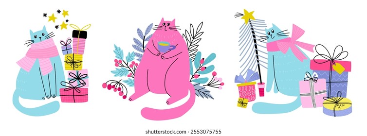 Christmas set of Christmas cats illustrations isolated on white background, Vector cliparts.