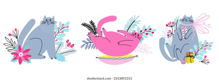 Christmas set of Christmas cats illustrations isolated on white background, Vector cliparts.