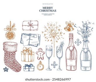 Christmas set champagne, hot chocolate, mulled wine, Christmas sock, letter, gift, cookie, hand drawn vector illustration. Collection for holiday menu, party, New Year cards, invitation. Engraving