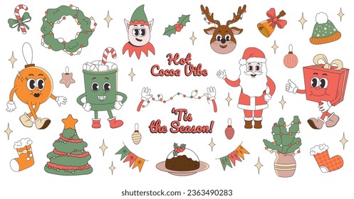 Christmas set of characters and elements in retro style. Illustration with characters in 80s style. Christmas tree, gifts, garland, gloves, Santa, mug, toys.