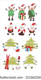 Christmas set of characters. Christmas elf, santa claus, merry christmas tree. Vector illustration.