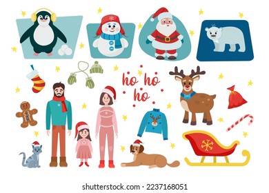 Christmas set with characters: santa claus, gingerbread man, reindeer, polar bear, snowman, penguin, family, cat and dog. Flat vector style. Happy New Year and Merry Christmas. Holiday illustrations.
