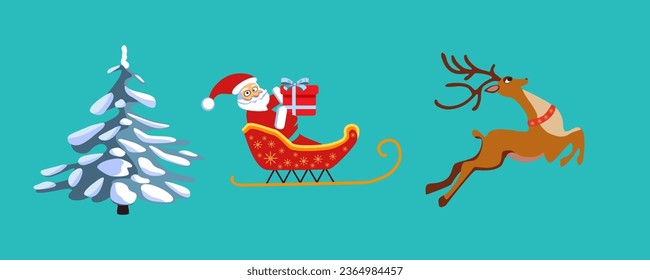 Christmas set. Christmas characters Santa Claus on a sleigh with a deer and a Christmas tree. Vector illustration