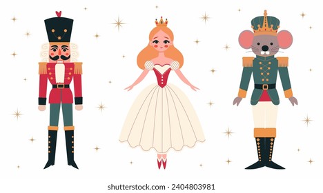 Christmas set of characters from the winter fairy tale of the ballet Nutcracker's story. Nutcracker, mouse king, princess ballerina. Fairy tale characters. Colored vector illustration in flat style