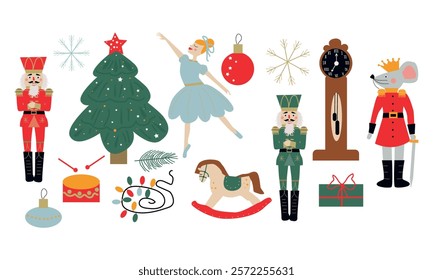 Christmas set of characters from the winter tale ballet Nutcracker's story. Nutcracker, mouse king, princess ballerina, snowflakes, gifts, christmas tree, toys, drumm mistletoe, berries. Vector.