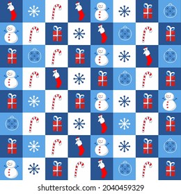 Christmas set check plaid pattern. Blue and White checkered gingham background. Christmas Day holiday print.