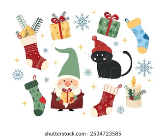 Christmas set with cheerful gnome, black cat in winter hat, decorated stockings, wrapped gifts, snowflakes and holiday candle on white background. Cute traditional symbols of family Christmas holiday.