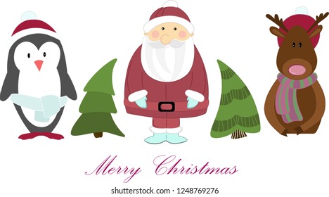 Christmas set with chrismas animals. Happy New Year 2019. Penguin. Santa Claus. Christmas deer.