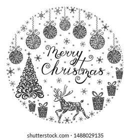Christmas set in a circle from the elements of the ornament: tree, Christmas balls, reindeer, gifts, snowflakes. Merry Christmas lettering. Happy New Year. Elements for your design, cards, decor.