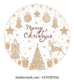 Christmas set in a circle from the ornament: tree, angel, reindeer, bell, star, Christmas balls, gift, snowflakes. Merry Christmas lettering. Happy New Year. Elements for your design, cards, decor.