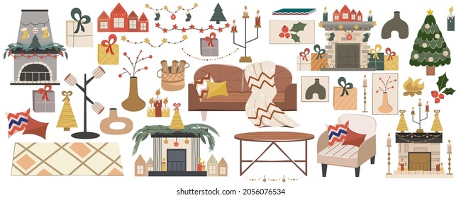 Christmas set clipart for cozy living room in Scandinavian style.Christmas tree, fireplaces, sofa, armchair, cute candles and garlands for festive decor. Vector illustration in flat hand style.