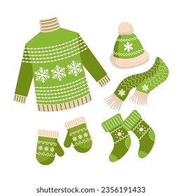 Christmas set of clothes, sweater, socks, hat, scarf and mittens. Green design with snowflakes. Illustration, vector