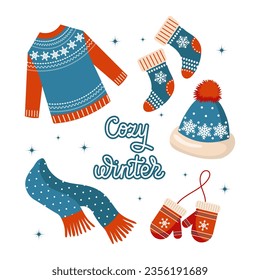 Ropa de Navidad, suéter, medias, sombrero, bufanda y mitones. Diseño azul con copos de nieve. Ilustración, vector	
