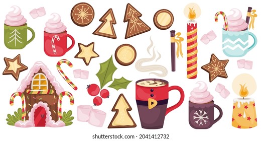 Christmas set with cocoa drinks, cookies, gingerbread, candy canes.Gingerbread house with caramel and cream, candles and cinnamon. Christmas decor vector illustration