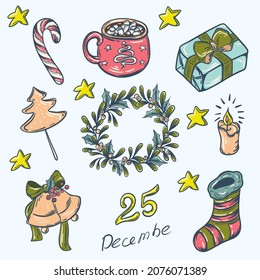 Christmas set with cocoa, Christmas wreath and the inscription 25 December. vector illustration