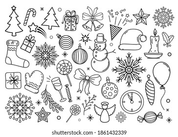 Christmas set. Collection of black outline Christmas decorative design elements isolated on white background.