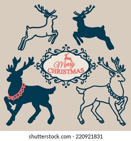 Christmas set - collection of Christmas calligraphic and typographic design with labels, symbols and elements and Christmas reindeer. Vector illustrations.