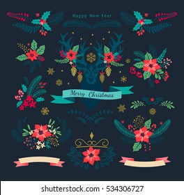 Christmas Set. Christmas Collection of decorative red flowers poinsettia and leaves for your design.  Floral Design elements. Season greeting card. Winter flora. Vector illustration. 