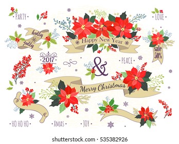Fiesta de Navidad. Colección navideña de flores rojas decorativas, puninsettia, hojas y bayas para su diseño. Elementos florales para la tarjeta de felicitación. Flora de invierno. Fondo blanco. Ilustración del vector