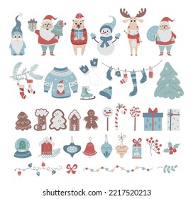 Christmas set. Collection New Year decor, cute cartoon Santa Claus, gnome, snowman, elk, Christmas tree and gingerbread, sweater and toys, gifts and sweets. Vector. Isolated elements in flat style