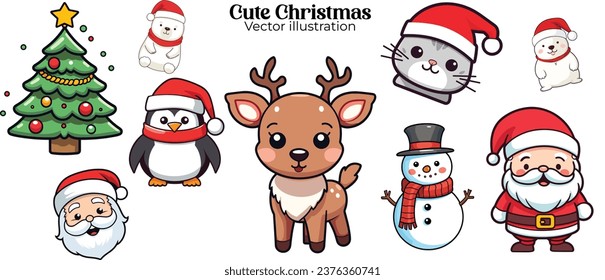 Colección de juego de Navidad: Papá Noel, Hombre de Nieve, Reno, Gato, Oso Polar, Árbol, Pingüino. Ilustración de vectores divertidos para los niños en la fiesta navideña