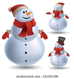 Christmas set collection of three snowmen isolated on white background. Vector illustration.