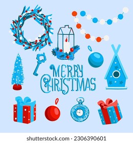 Christmas set. Collection of xmas elements for greeting card design. Vector. Flat style.