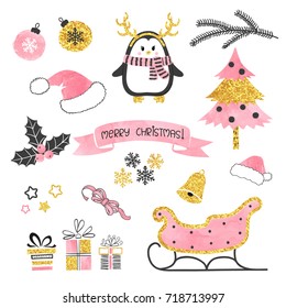 Christmas set. Collection of xmas elements for greeting card design in pink, black and golden colors. Vector illustration.