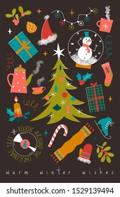Christmas set. Color vector items. Illustration with new year decor in cartoon retro style. Design for prints and cards.